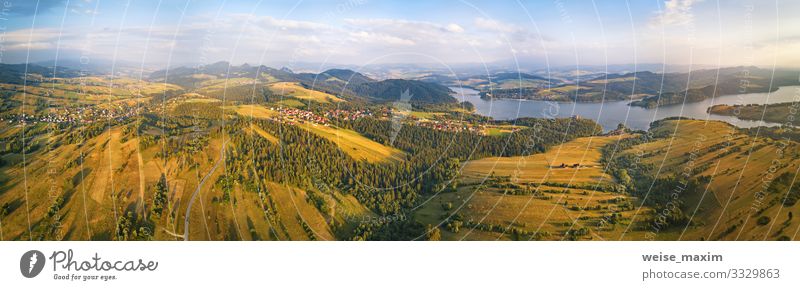 Panorama aerial View of Czorsztyn Lake and Beskids hills Vacation & Travel Tourism Trip Far-off places Freedom Summer Mountain House building Environment Nature