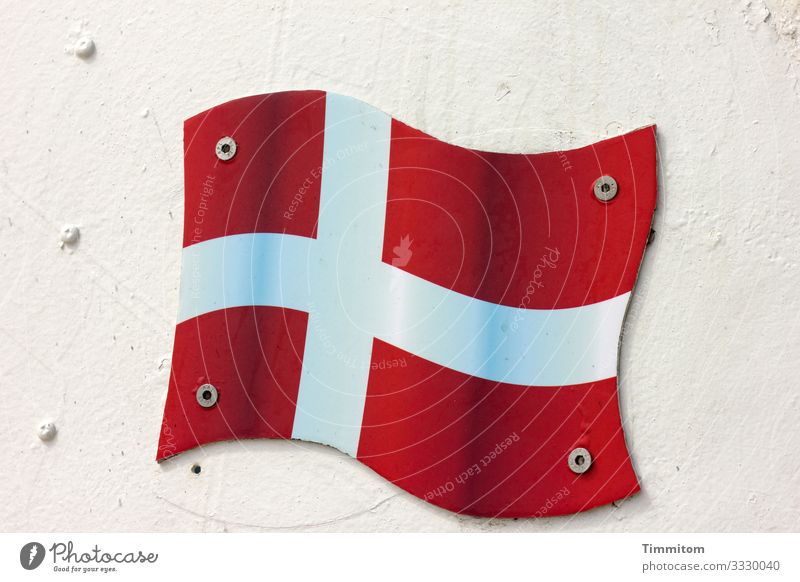 Danish flag - finished product Denmark screwed on Ensign Red Bluish White background cream Deserted Exterior shot national pride symbol