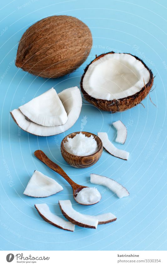 Coconut oil in a bowl with a spoon Vegetable Nutrition Vegetarian diet Diet Bowl Spoon Blue Brown White keto coconut oil Ingredients Light blue Vegan diet