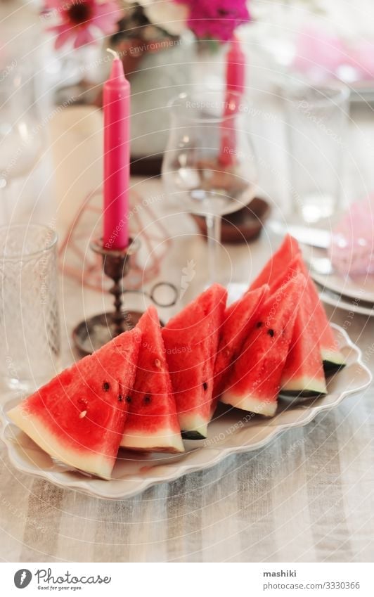 fresh watermelon slices served on summer party. Lunch Dinner Banquet Plate Cutlery Elegant Summer Garden Decoration Table Restaurant Feasts & Celebrations