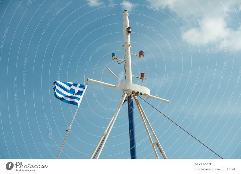fly the flag Vacation & Travel Sky Clouds Beautiful weather Greece Fishing boat Motorboat Ensign Pole Authentic Simple Tall Long Maritime Above Warmth Wind