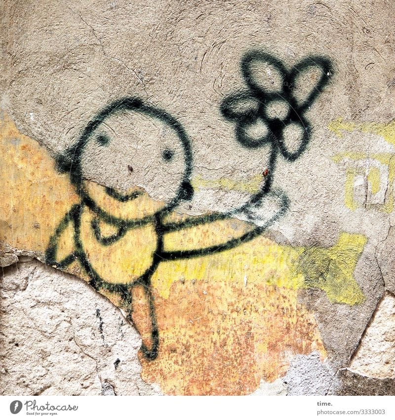 Dresden Flower Boy Stone graffiti Child flowers Drawing cheerful Fairy tale Fantasy Yellow Stick figure Joy Inspiration stop smile Serene Broken bailer