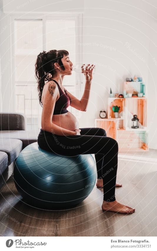 young pregnant woman at home sitting on pilates ball, drinking water. healthy lifestyle Pregnant Woman Yoga Home Sports Healthy Lifestyle Youth (Young adults)