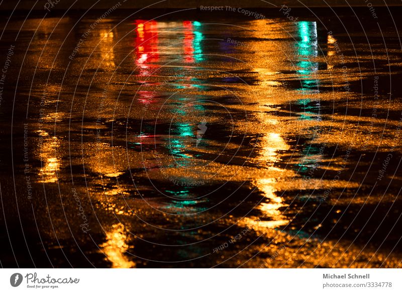 Rain wet Weather Bad weather Street Traffic light Green Red Colour photo Multicoloured Exterior shot Evening Reflection