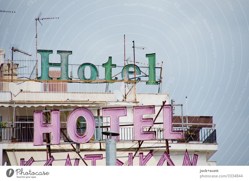 Hotel Hotel Vacation & Travel Sky Greece Balcony Chimney Antenna Flat roof Above Design Target Typography Ravages of time Vacation destination