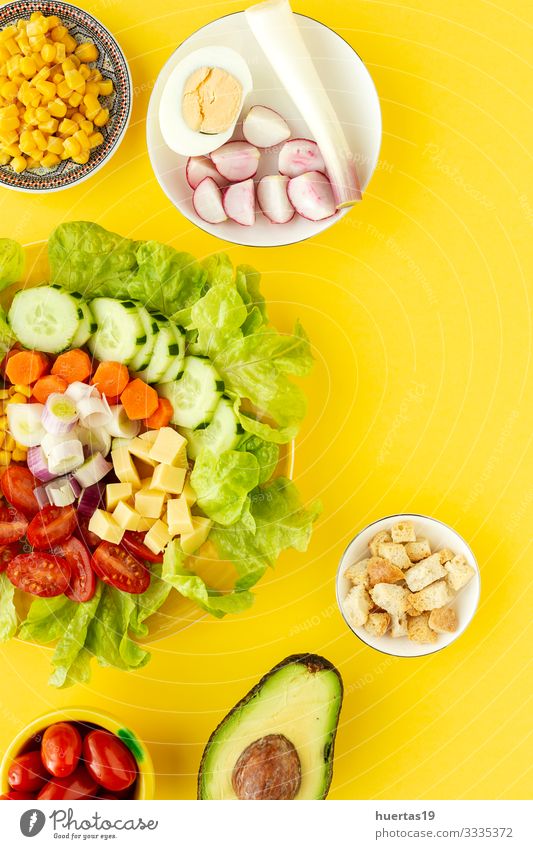 lettuce salad with tomato, cheese and vegetables Food Cheese Vegetable Nutrition Vegetarian diet Diet Bowl Healthy Eating Fresh Yellow Green Salad Tomato corn