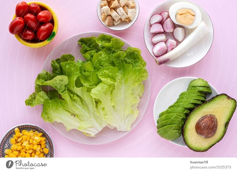 lettuce salad with tomato, cheese and vegetables Food Cheese Vegetable Nutrition Vegetarian diet Diet Bowl Healthy Eating Fresh Green Pink Salad Tomato corn