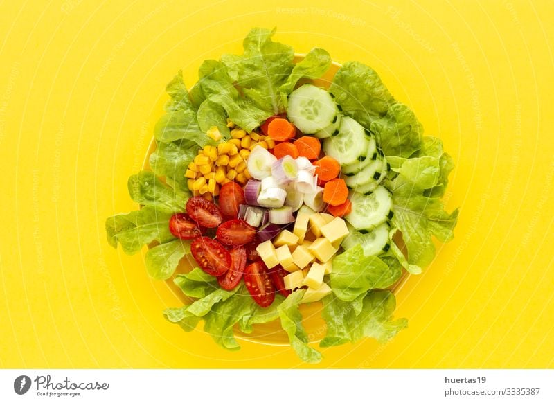 lettuce salad with tomato, cheese and vegetables Food Cheese Vegetable Lettuce Salad Nutrition Vegetarian diet Diet Bowl Healthy Eating Fresh Yellow Green