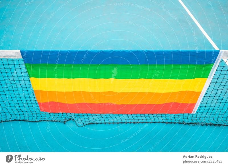 Gay pride flag on a blue tennis court Freedom Homosexual Friendship Group Media Stripe Flag Love Dream Strong Acceptance Pride Colour Society Rainbow bisexual