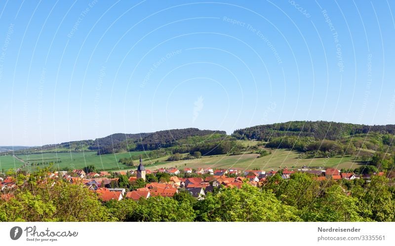 Rural idyll in Germany Vacation & Travel Tourism Trip Nature Landscape Cloudless sky Summer Beautiful weather Meadow Field Forest Hill Village