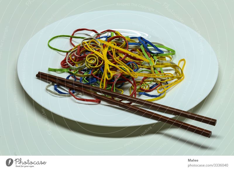 Elastic bands spaghetti Collection Accumulation Yellow Plastic Colour Red Multiple Multicoloured Dough Abstract Rubber String Plate Spaghetti Healthy Eating