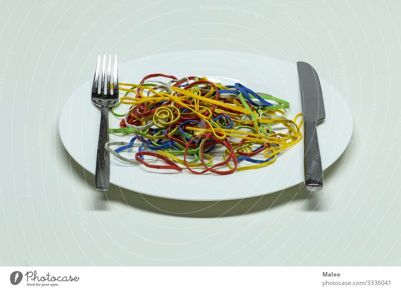 Elastic bands spaghetti Accumulation Yellow Plastic Colour Red Multiple Multicoloured Dough Abstract Rubber String Plate Spaghetti Healthy Eating Dish Cooking