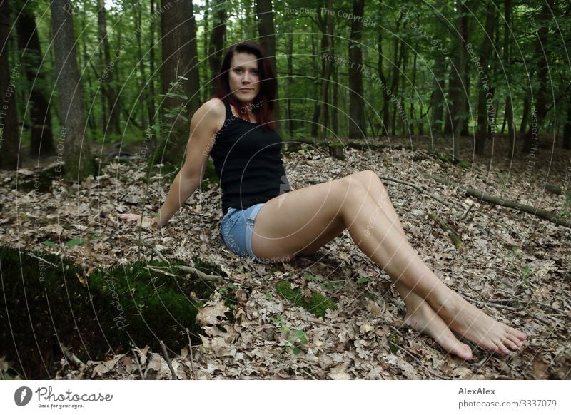 Portrait of a tall young woman in the forest Joy already Life Trip Young woman Youth (Young adults) Legs 18 - 30 years Adults Landscape Plant Summer
