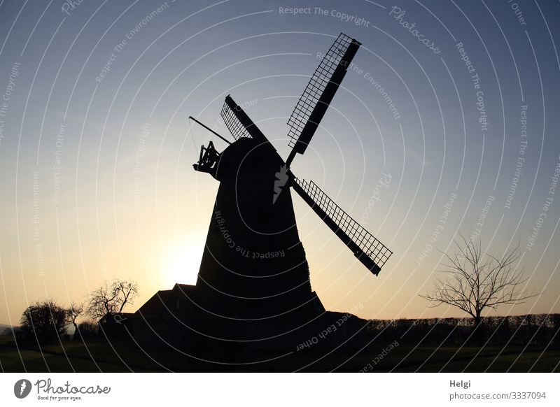 Silhouette of a windmill in the evening light Environment Nature Landscape Plant Sky Winter Beautiful weather Tree Village Manmade structures Building Windmill