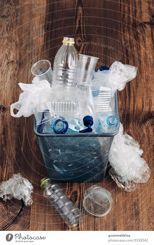 Heap of plastic bottles, cups, bags collected to recycling Bottle Environment Container Packaging Package Plastic packaging Wood Environmental pollution