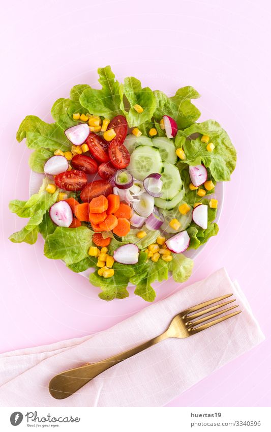 lettuce salad with tomato, cheese and vegetables Food Cheese Vegetable Nutrition Vegetarian diet Diet Bowl Healthy Eating Fresh Pink Salad Tomato corn cucumber