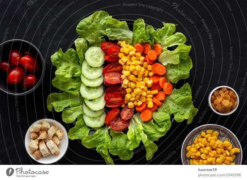 lettuce salad with tomato, cheese and vegetables Cheese Vegetable Nutrition Vegetarian diet Diet Bowl Healthy Eating Fresh Green Red Black Salad food Tomato