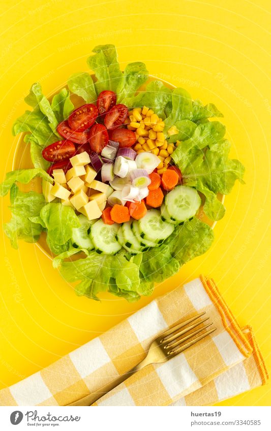 lettuce salad with tomato, cheese and vegetables Food Cheese Vegetable Nutrition Vegetarian diet Diet Bowl Healthy Eating Fresh Yellow Red Salad Tomato corn