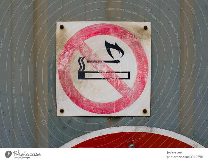 Ban on smoke and fire GDR Goal Metal Plastic Prohibition sign No smoking Circle Square Retro Red Design Safety Style Past Weathered Ravages of time Pictogram