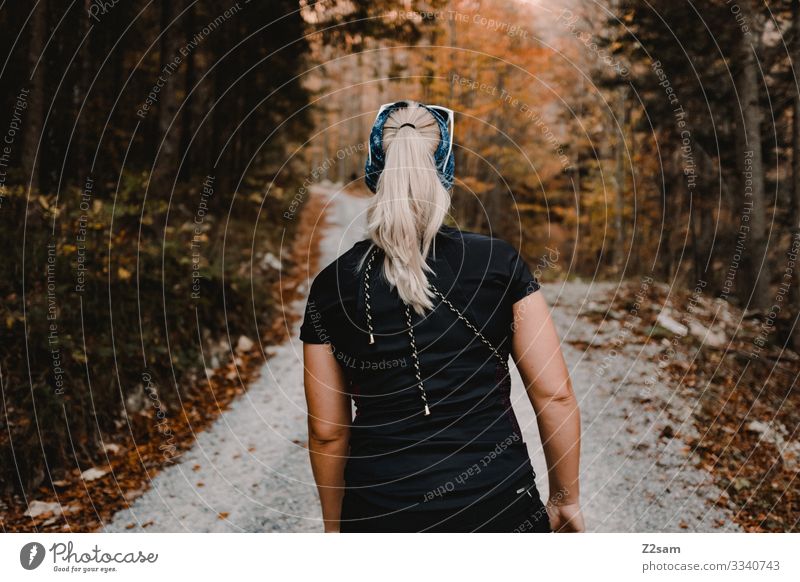 Ascent to the mountain crusher tip Hiking economic path ascent Forest Autumn Going back view Young woman Blonde Braids Athletic foliage T-shirt