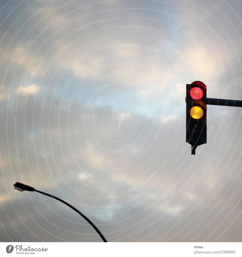 ready steady | interfaces of everyday life (10) Traffic light Red Yellow Sky Lamp streetlamp Storm clouds Road sign Signal embassy Information Transport