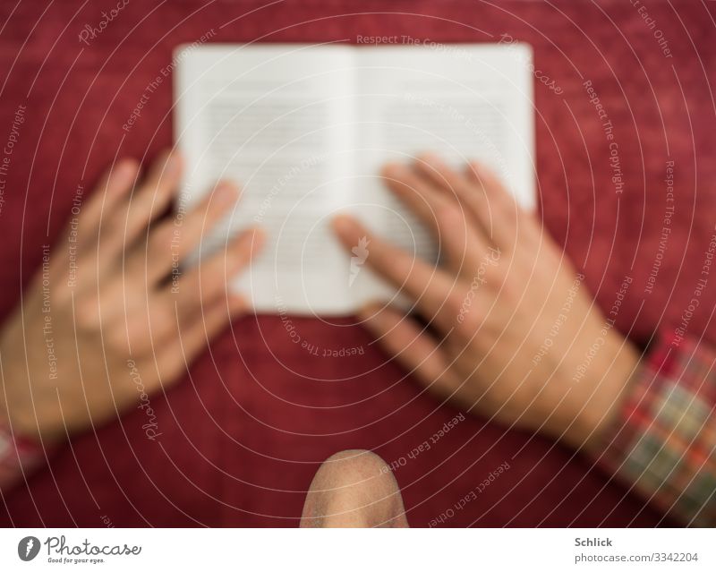 read Reading Table Study Masculine Man Adults Nose Hand 1 Human being Paper Red Concentrate Book Bird's-eye view selective focus Monochrome Tablecloth
