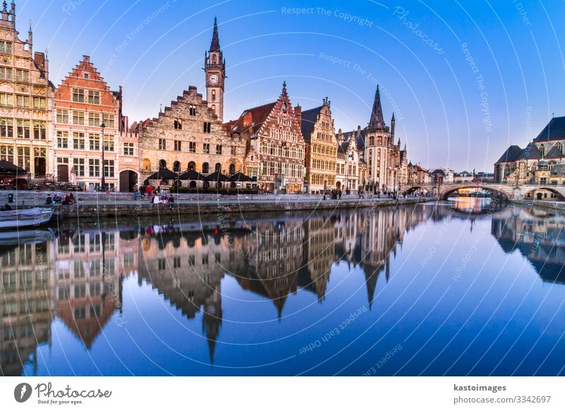 Leie river bank in Ghent, Belgium, Europe. Beautiful Life Tourism House (Residential Structure) Night life Financial institution To talk Sky River Town Church