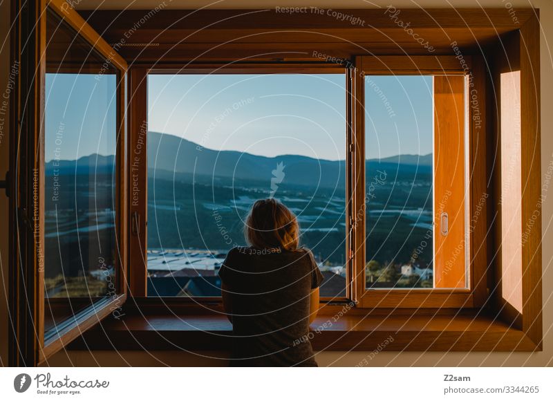 Morning Romanticism in Italy in the morning Breakfast Arise Window Girl Woman Looking panorama Alps mountains Sky Forward Moody Haze Summer Sun Landscape