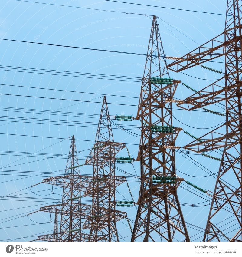 High-voltage power transmission towers. Factory Industry Energy industry Technology Renewable energy Environment Plant Sky Architecture Metal Steel Line Tall