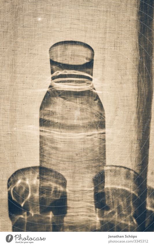 Glass bottle and jars stand behind a curtain in sunlight Silhouette Shadow Outline Courts Curtain Bottle minimalism Abstract black background texture Pattern