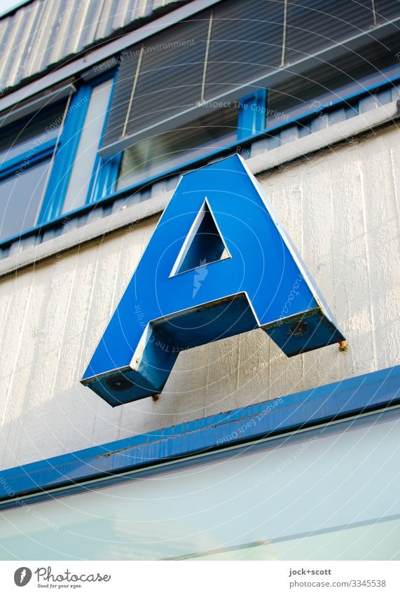 Letter A on the front of the house Kreuzberg Office building Facade Window Venetian blinds Concrete Metal Characters Retro Blue Moody Authentic Style Symmetry