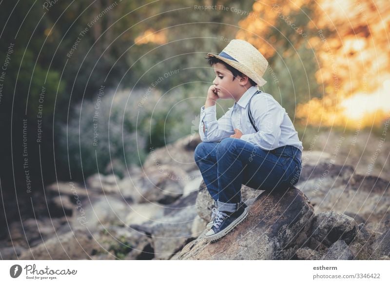 thoughtful child sitting on a rock Lifestyle Meditation Summer Human being Masculine Child Boy (child) Infancy 1 3 - 8 years Environment Nature Forest Think Sit