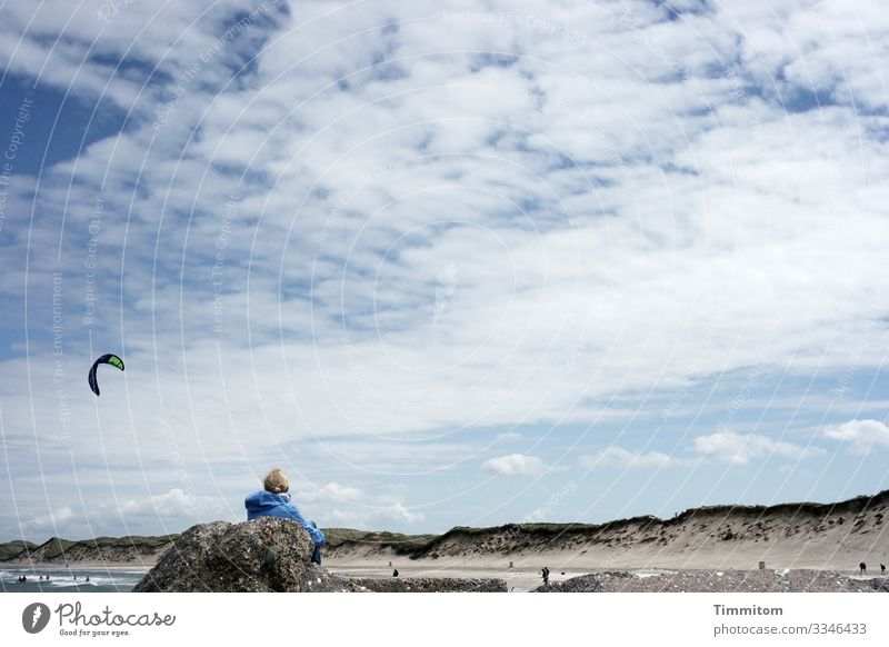 Sit on the beach and look North Sea Beach dunes Sand Woman people Observe Lookout Kitesurfing Water Ocean Sky Blue Clouds Vacation & Travel Denmark Serene