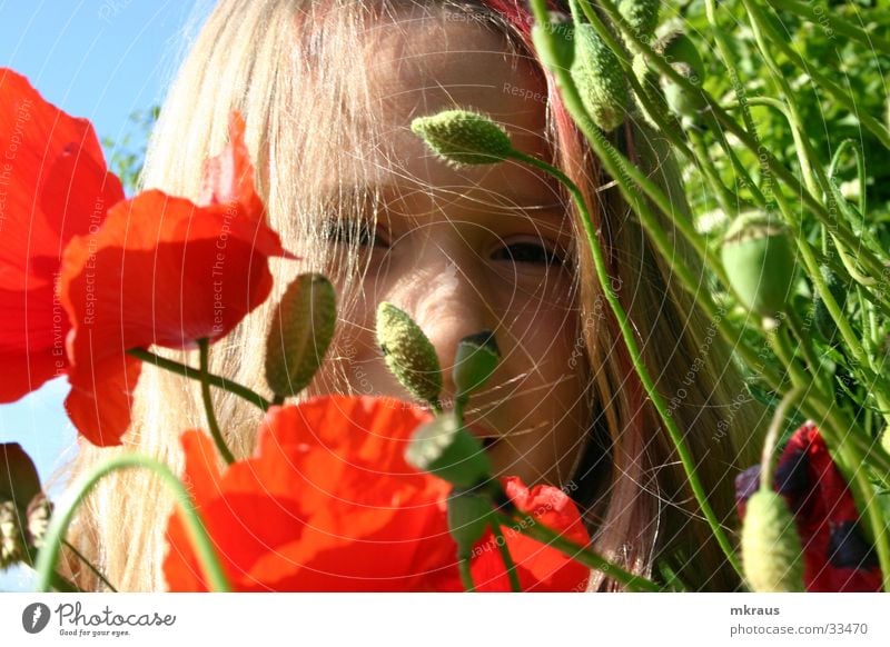 Face behind flowers Flower Child Poppy Longing Nature