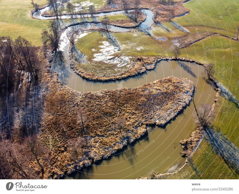 Flight over a small winding river Nature Water Field Brook River Free Above area flight Aerial view altitude bird's eye view copter drone flight fly flying