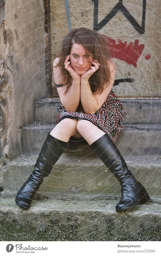 Kinda Bad Girl Portrait photograph Dress Town Rebel Woman graffiti Contrast Stairs Door Looking