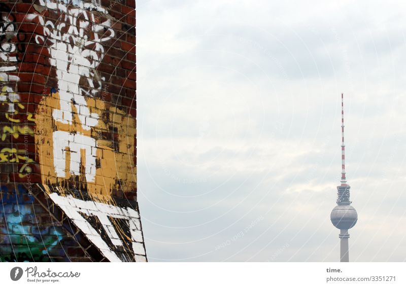 Production facilities Chimney Berlin TV Tower Television tower Tall Sky Stone graffiti telespargel Clouds communication relation Brick built Architecture