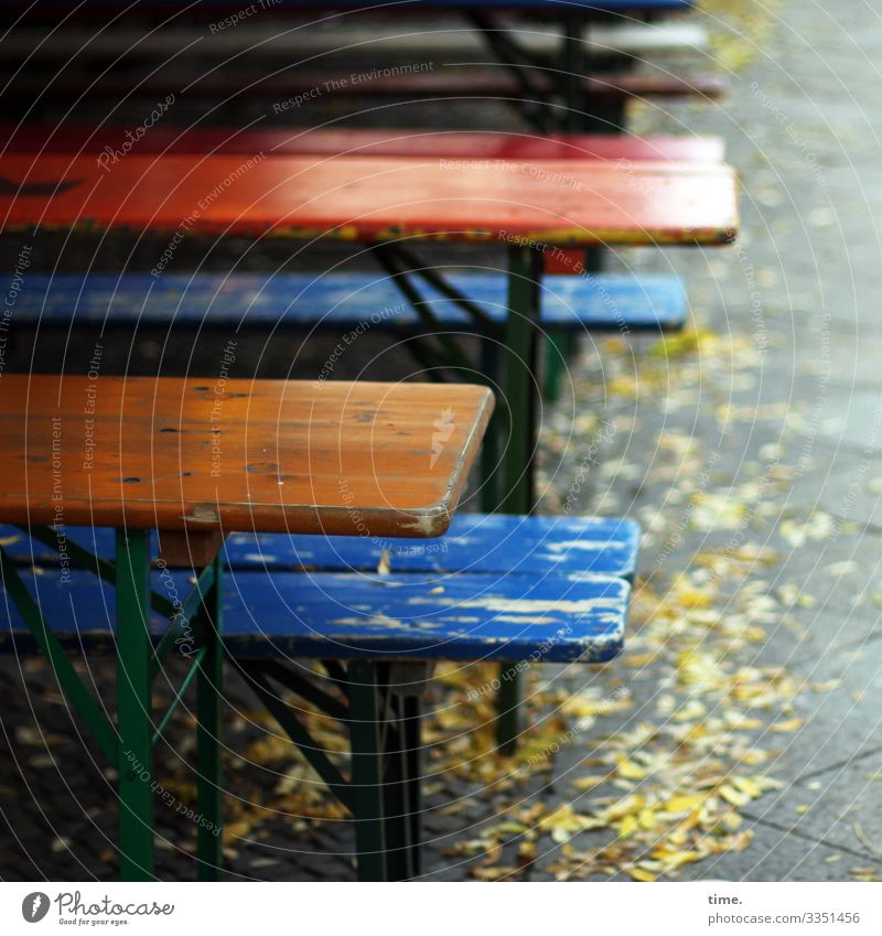 existential exit | corona thoughts Gastronomy bench Table Sidewalk café out Empty Footpath Autumn leaves beer set variegated somber Lonely fear of living