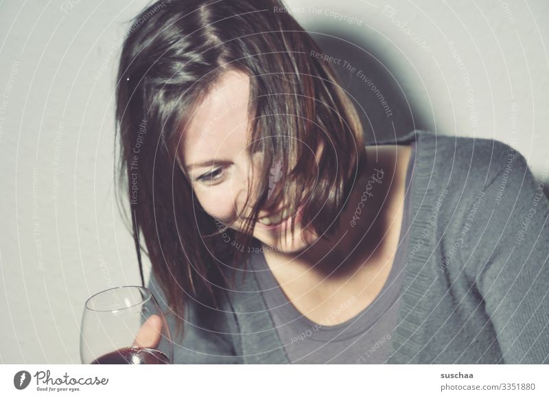 a glass of wine ... Woman Drinking Alcohol-fueled Cheerful Laughter Portrait photograph Head Hair and hairstyles Glass Wine Red wine Alcoholic drinks
