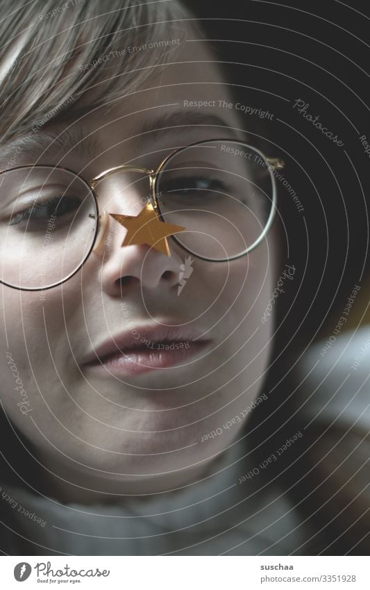 starry-eyed Girl Young woman Youth (Young adults) teenager Puberty Face Absurdity Eyeglasses Star (Symbol) Joke Humor Joy Squint