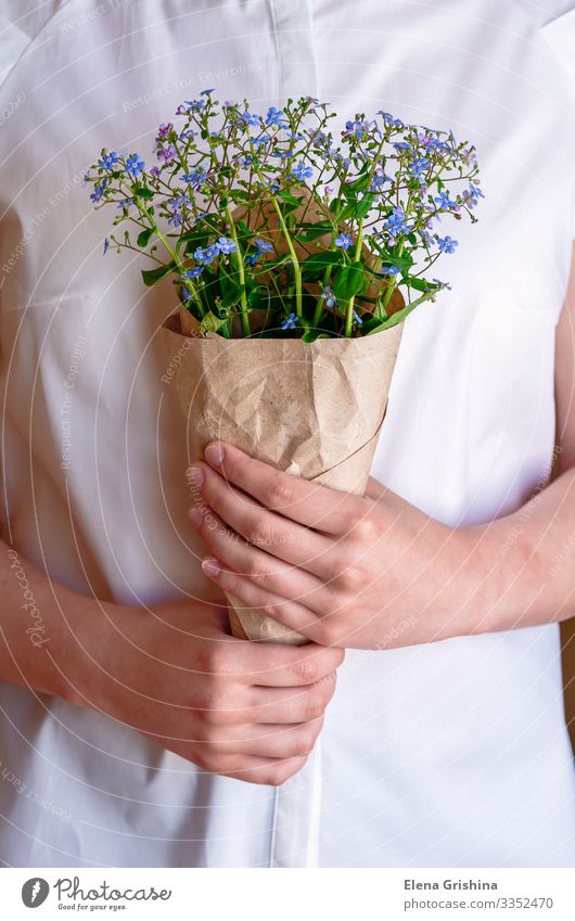 A bouquet of forget-me-nots in the hands of the girl. Herbs and spices Lifestyle Elegant Feasts & Celebrations Valentine's Day Mother's Day Wedding Birthday