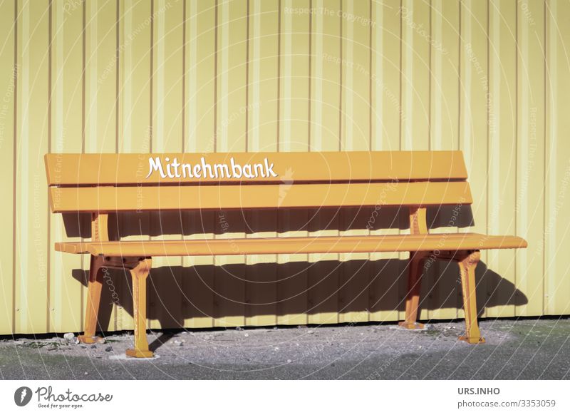 bench to go Wall (barrier) Wall (building) Facade Exceptional Funny Yellow Gray White Curiosity Unclear Corrugated sheet iron Groove Colour photo Exterior shot