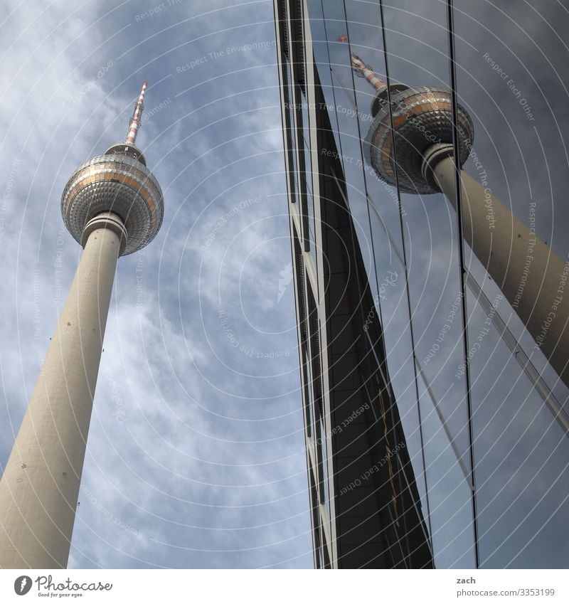 Television tower Berlin with reflection at Alexanderplatz Town Tower Downtown Capital city Facade Tourist Attraction Landmark Berlin TV Tower great Tall Tourism