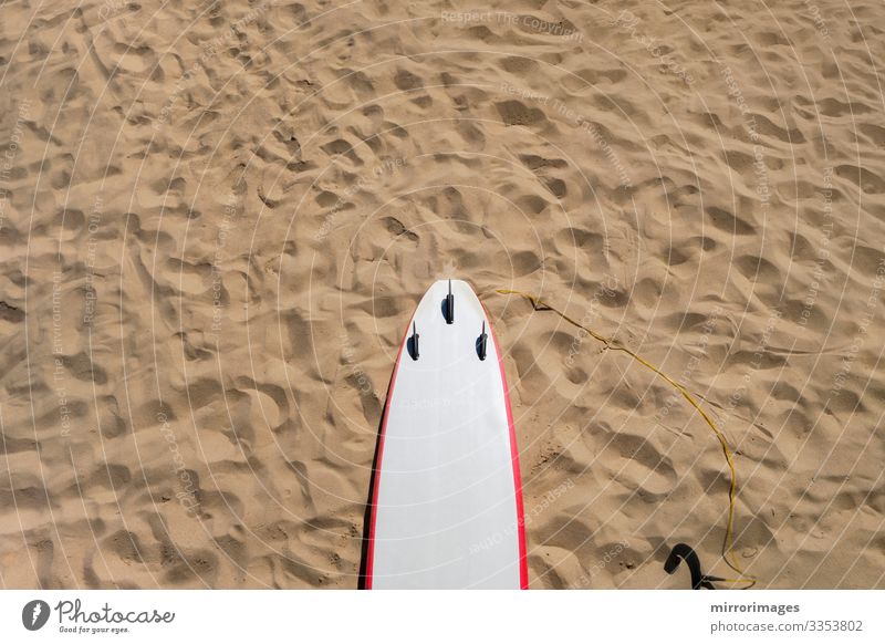 sand with footsteps back top of a white red surfboard Lifestyle Style Joy Beautiful Healthy Fitness Wellness Swimming & Bathing Leisure and hobbies Sports