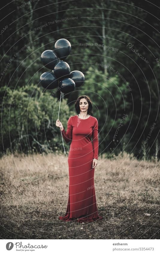 Young Woman with balloons in the field Lifestyle Elegant Style Beautiful Relaxation Freedom Human being Feminine Young woman Youth (Young adults) Adults 1