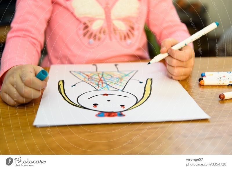 Child draws a princess with pens Girl Playing Infancy Painting (action, artwork) Draw Multicoloured Hand 3 - 8 years Interior shot Art Close-up Colour