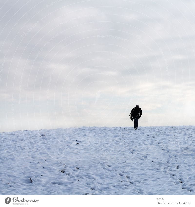 heading for a hot chocolate | ice age Masculine Man Adults 1 Human being Sky Clouds Horizon Winter Snow Hill Going Cold Modest Hope Humble Fatigue Homesickness