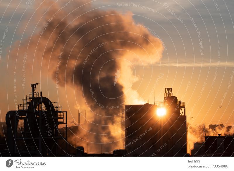 Sunrise with power plant and industry Energy industry Industry Chemical Industry Chemistry Coal power station Clouds Sunset Beautiful weather Industrial plant