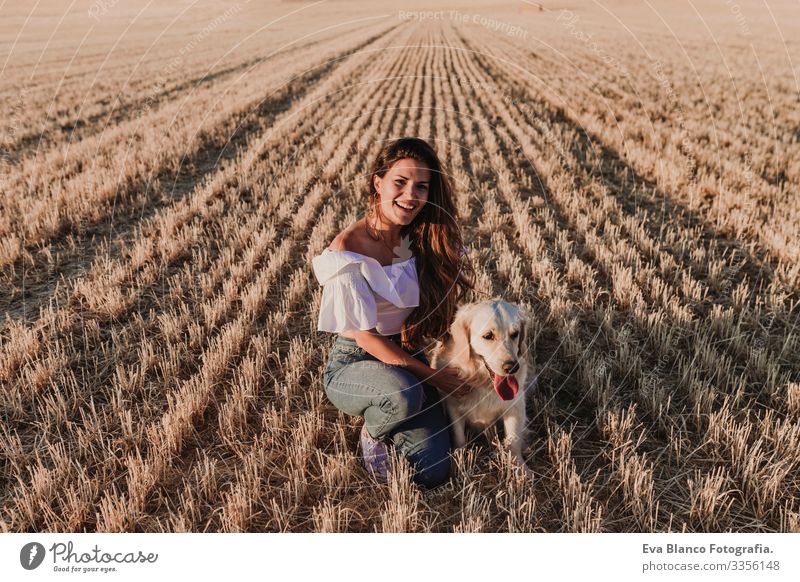 young beautiful woman walking with her golden retriever dog on a yellow field at sunset. Nature and lifestyle outdoors Summer Beautiful Fashion
