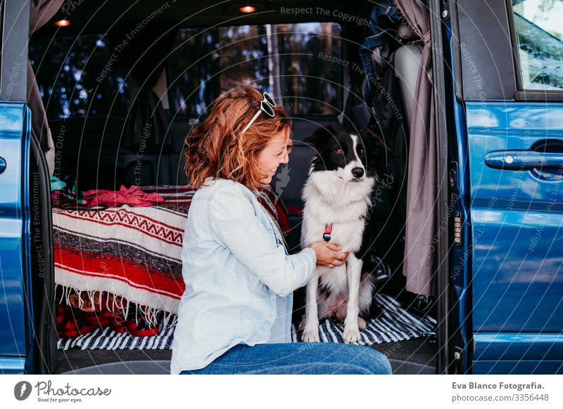 woman and border collie dog in a van. Travel concept Woman Dog Van van life Vacation & Travel Traveling owner Youth (Young adults) Modern Autumn Spring Car